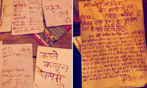 Protesting farmers write down letters in blood addressing PM Modi to repeal the laws