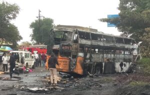 11 killed, over 25 injured after private bus hits truck, catches fire at Nashik