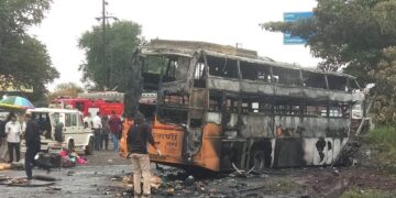 11 killed, over 25 injured after private bus hits truck, catches fire at Nashik