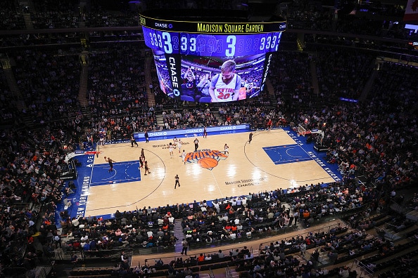 NEW YORK, NY - APRIL 2: Players are seen in action during NBA match between Cavaliers and Knicks at the Madison Square Garden in New York City, United States on April 2, 2022. (Photo by Tayfun Coskun/Anadolu Agency via Getty Images)