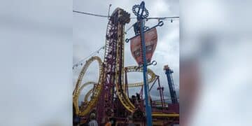Amusement park's 'biggest' roller coaster breaks down 'right at the top' leaving riders stuck for half an hour