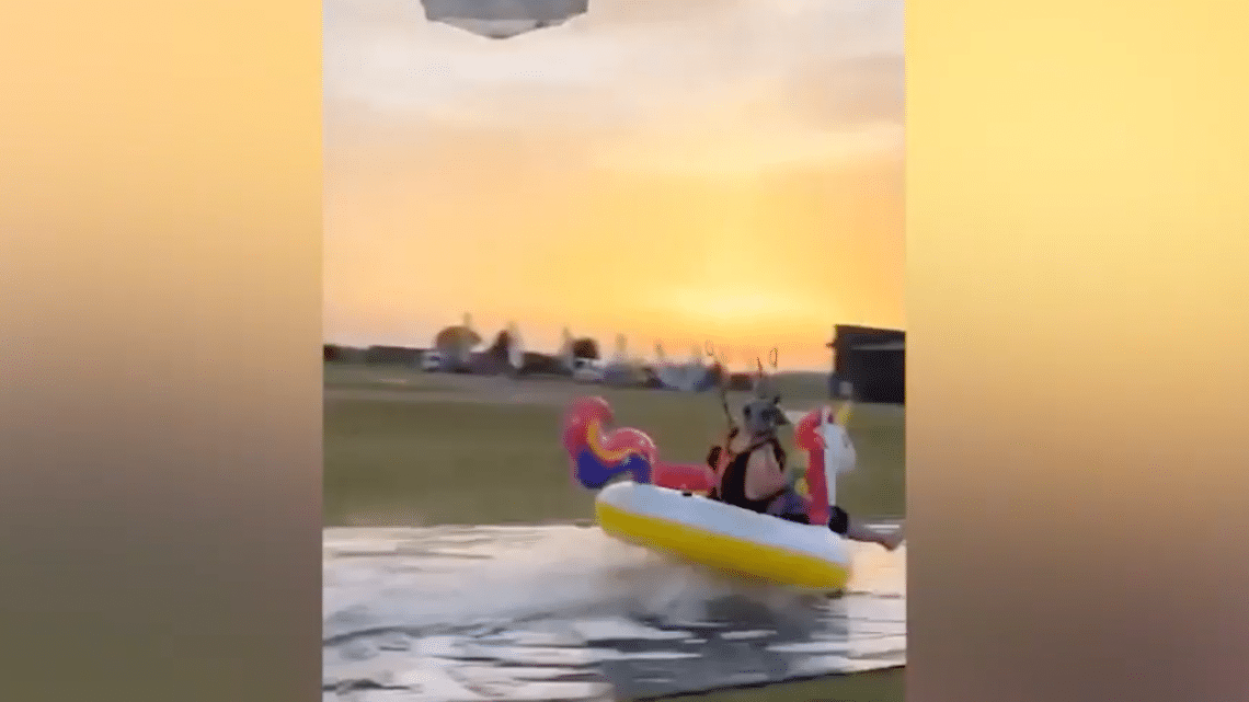 Daredevil skydiver makes perfect landing on bizarre pool toy: ‘Coming for ya’