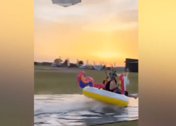 Daredevil skydiver makes perfect landing on bizarre pool toy: ‘Coming for ya’