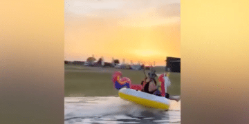 Daredevil skydiver makes perfect landing on bizarre pool toy: ‘Coming for ya’