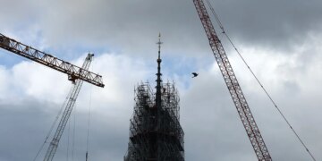 The scaffolding atop the Paris’ Notre Dame Cathedral was removed