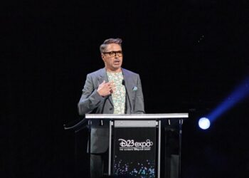 Robert Downey Jr. speaking on stage at D23 Expo 2019