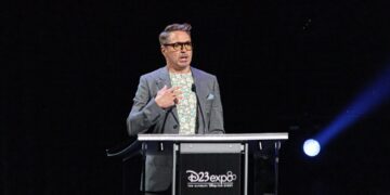 Robert Downey Jr. speaking on stage at D23 Expo 2019
