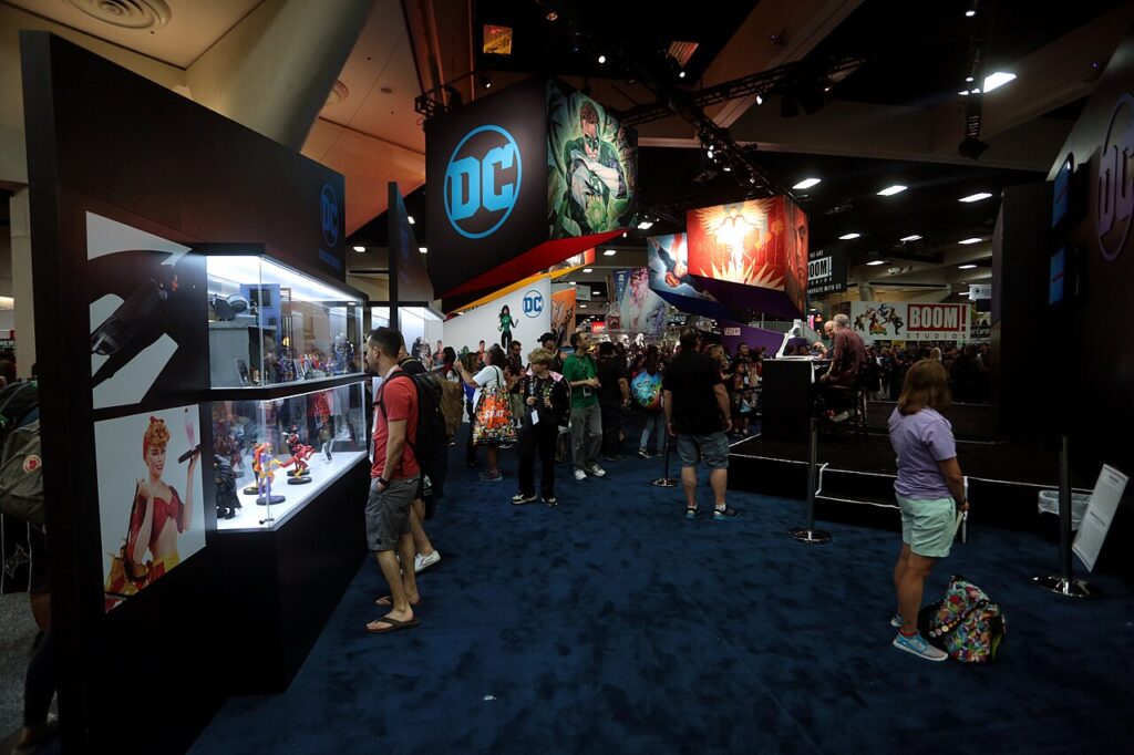 DC comic books on display at a comic book store
