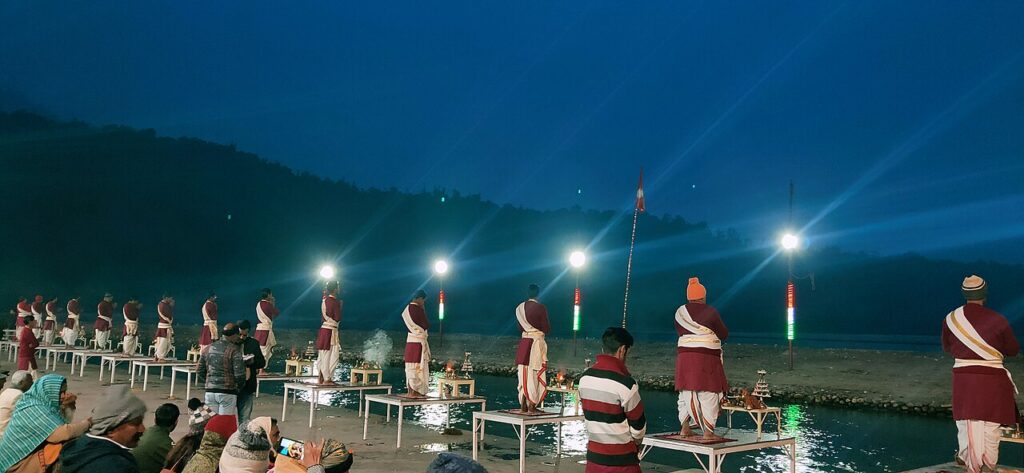 The river Ganga flowing past ghats and temples in Rishikesh, Uttarakhand