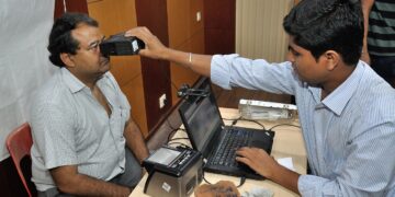 Iris scan being taken during Aadhaar biometric data collection in Kolkata