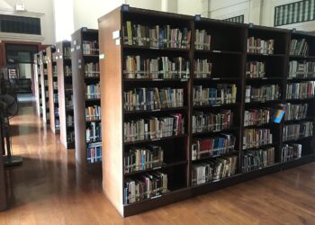 Rows of books on library shelves
