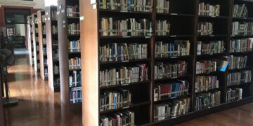 Rows of books on library shelves