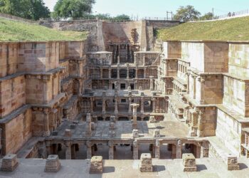 Carved stone levels of Rani ki Vav stepwell in Patan, Gujarat