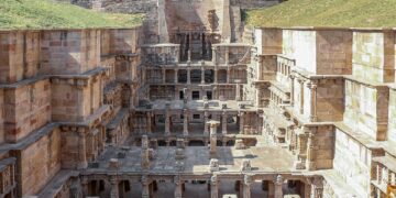 Carved stone levels of Rani ki Vav stepwell in Patan, Gujarat