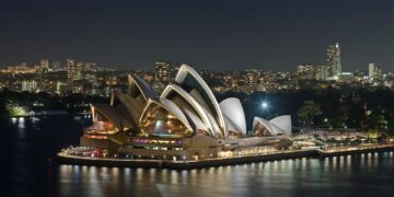 Clock face with the Sydney skyline in the background marking daylight saving in Australia