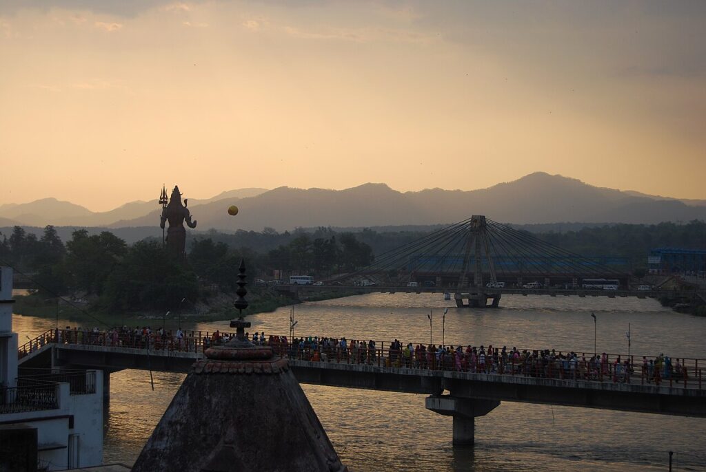 Rafters paddling through white water on the Ganga near Rishikesh