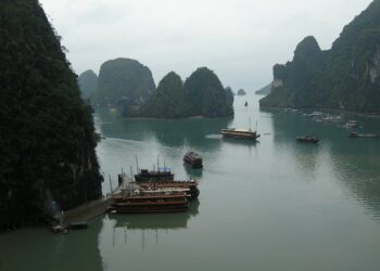 Aerial view of limestone islands in Ha Long Bay, Vietnam