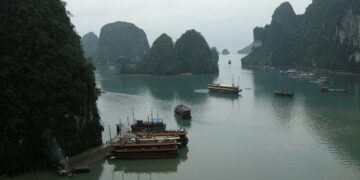 Aerial view of limestone islands in Ha Long Bay, Vietnam